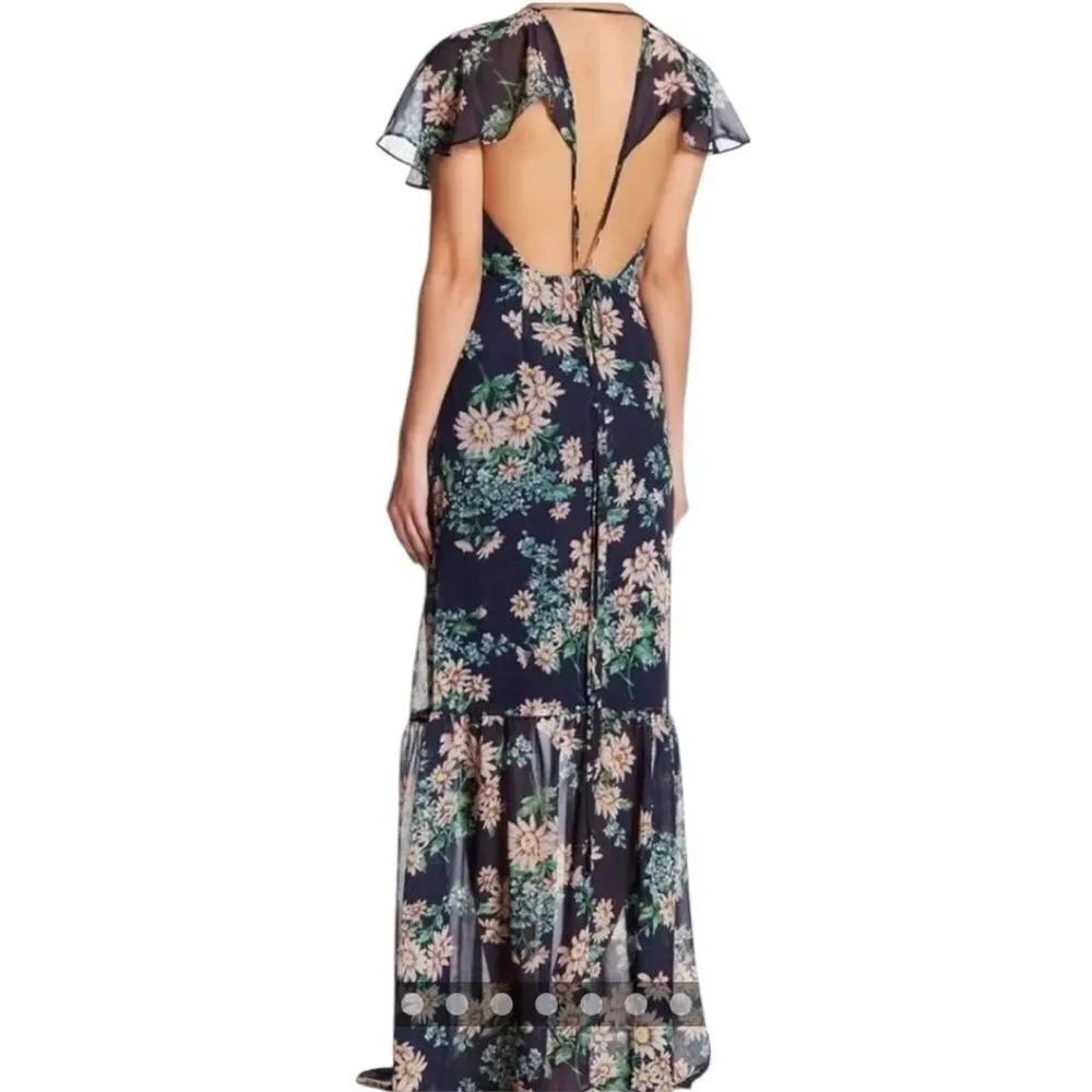 Betsey Johnson Chiffon Flutter Sleeve Maxi Dress Navy pink Floral Open Back sz8